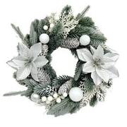 Green & Silver Poinsettia Christmas Wreath 32cm Decoration