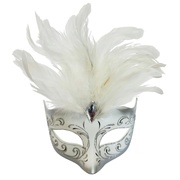 Silver Masquerade Eye Mask with White Feathers