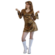 Adult Gold 70s Disco Babe Dress Costume with Headband - Women's Size 10-12