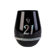 21st Birthday Black Luxe Stemless Wine Glass | Rhinestone 21st Birthday Celebration Glass