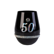 50th Birthday Black Luxe Stemless Wine Glass | Rhinestone 50th Birthday Celebration Glass