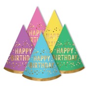 Happy Birthday Foiled Party Hats Assorted Pk 8