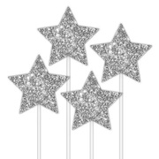 Silver Glitter Star Cake Toppers (Pk 4)