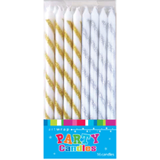 Assorted Gold & Silver Glittered Stripe Party Candles (12cm) Pk 16