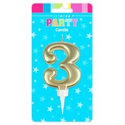Metallic Gold Number 3 Cake Candle Large Birthday Anniversary Candle