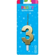 Gold Number 3 Three Sparkler Cake Candle 13cm