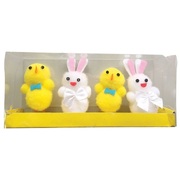 Happy Easter Yellow Fluffy Chicks and White Bunnies (Pk 4)
