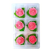 Pink Tiny Rose Edible Icing Sugar Cake Decorations 6 Pack | Green Leaves