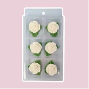 White Tiny Rose Edible Icing Sugar Cake Decorations 6 Pack | Green Leaves