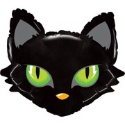 Halloween Black Cat Head Supershape Foil Balloon 25 Inch | Green Eyes Party Decoration