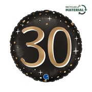 30th Birthday Foil Balloon Black Gold Sparkle 14 Inch Air or Helium