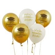Gold & White Graduation 30cm Latex Balloons Pk 5