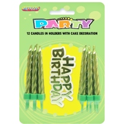Metallic Lime Candles with Holders & Happy Birthday Decoration (Pk 12)