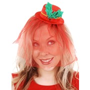 Mini Red Christmas Hat with Mistletoe & Red Veil Pk1