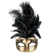 Black & Gold Masquerade Mask With Feathers - Sienna Pk 1