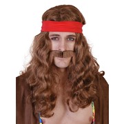 Lennon Long Wavy Brown Wig with Moustache Pk 1