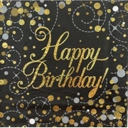 Black & Gold Sparkling Fizz Birthday 3 Ply Lunch Napkins (Pk 16)