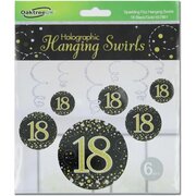 Black & Gold Fizz 18 Birthday Hanging Swirl Decoration (Pk 6)