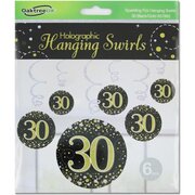 Black & Gold Fizz 30 Birthday Hanging Swirl Decoration (Pk 6)