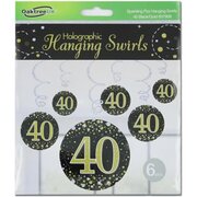 Black & Gold Fizz 40 Birthday Hanging Swirl Decoration (Pk 6)