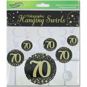 Black & Gold Fizz 70 Birthday Hanging Swirl Decoration (Pk 6)