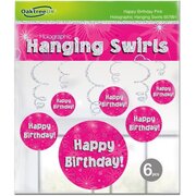 Pink & Silver Happy Birthday Hanging Swirl Decoration (Pk 6)
