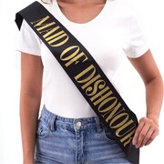Maid of Dishonour Black Party Sash with Gold Print | Hen Party Bridal Sash
