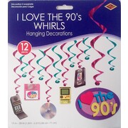 I Love The 90's Retro Assorted Design Hanging Swirl Decorations Pk 12