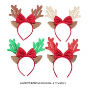 Christmas Glitter Reindeer Antlers & Bow Headband Assorted Pk 1