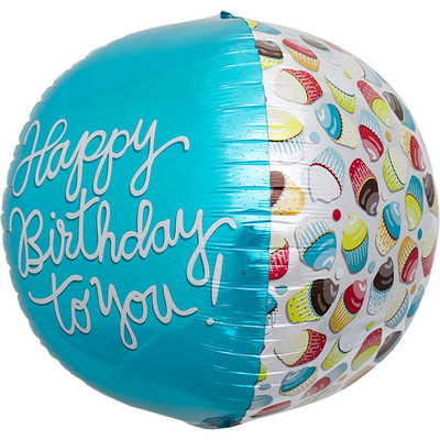 3D Sphere Happy Birthday To You Cupcake Print 17in. Foil Balloon Pk 1