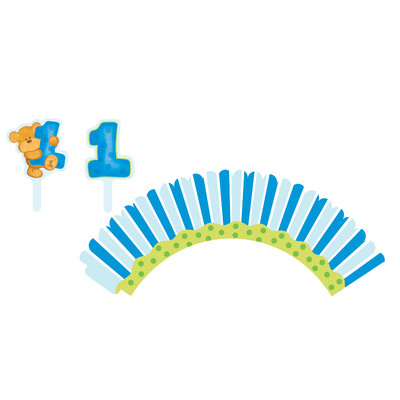 1st Birthday Boy Cupcake Wraps With Toppers Pk 12 (12 Wraps & 12 Assorted Toppers)