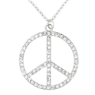 Silver Diamante Peace Sign Necklace | Hippie Costume Jewellery