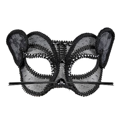 Black Lace Panther Cat Eye Mask with Ears & Whiskers | Diamante Masquerade Costume Mask