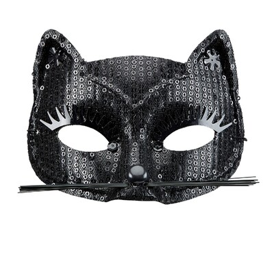 Black Sequin Cat Eye Mask with Nose & Whiskers | Glitter Cat Costume Mask
