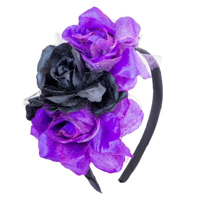 Day of the Dead Purple & Black Roses Headband - Glitter Halloween Accessory 14+