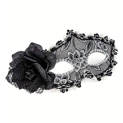 Black & Silver Floral Masquerade Mask with Black Rose | Venetian Costume Mask