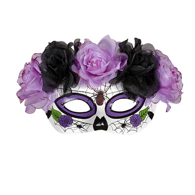 Black & Purple Day of the Dead Masquerade Mask with Flowers | Sugar Skull Eye Mask