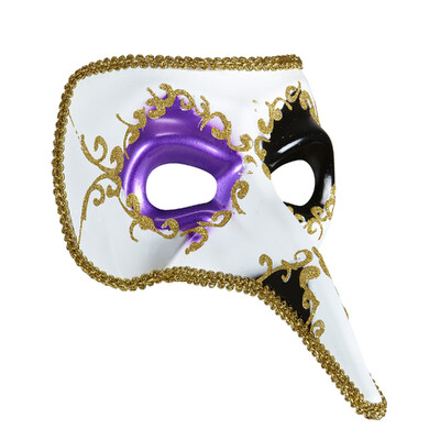 White & Gold Plague Doctor Long Nose Masquerade Eye Mask | Glitter Costume Mask