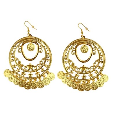 Gold Filigree Coin Hoop Earrings Gypsy Pirate Costume Jewellery