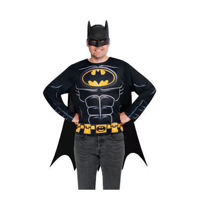 Batman Adult Costume Top, Cape & Foam Mask Set M/L – Printed Shirt with Detachable Cape