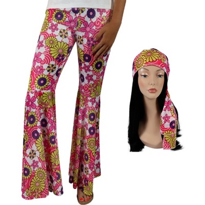 Adult Hippie Floral Flared Pants & Headband (One Size) Pk 1