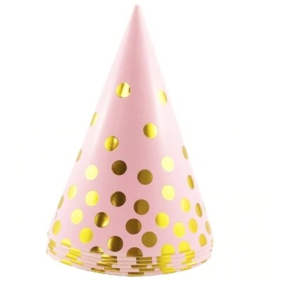 Pink Cone Party Hats with Gold Dots Pk 6
