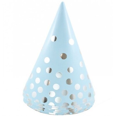 Blue Cone Party Hats with Silver Dots Pk 6