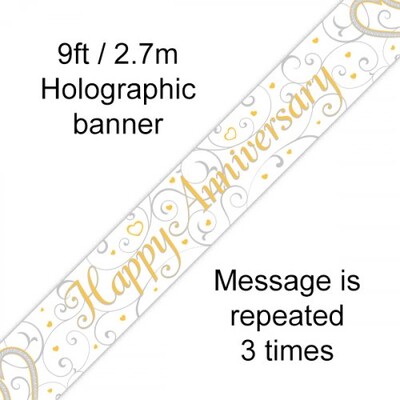 Happy Anniversary Gold & Silver Hearts Foil Banner (2.7m) Pk 1