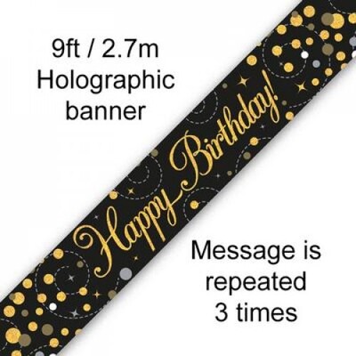 Happy Birthday Black & Gold Sparkling Fizz Foil Banner 2.7m Pk 1