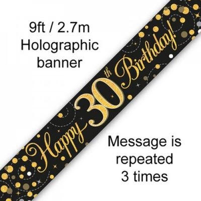 30th Birthday Black & Gold Sparkling Fizz Foil Banner 2.7m Pk 1