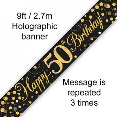 50th Birthday Black & Gold Sparkling Fizz Foil Banner 2.7m Pk 1 