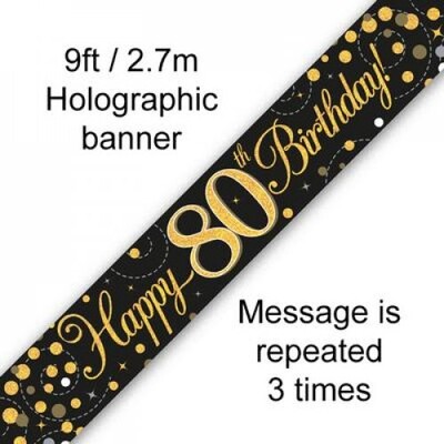 80th Birthday Black and Gold Sparkling Fizz Foil Banner 2.7m Pk 1