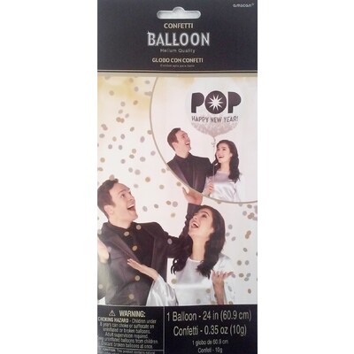 Pop Happy New Year Clear 60.9cm Latex Balloon with Gold & Silver Confetti Pk 1