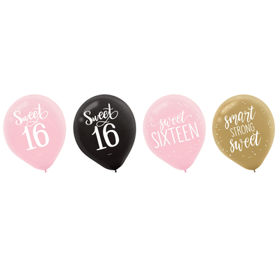 Pink Black Gold Sweet Sixteen 16 Latex Balloons 30cm (Pk 15)